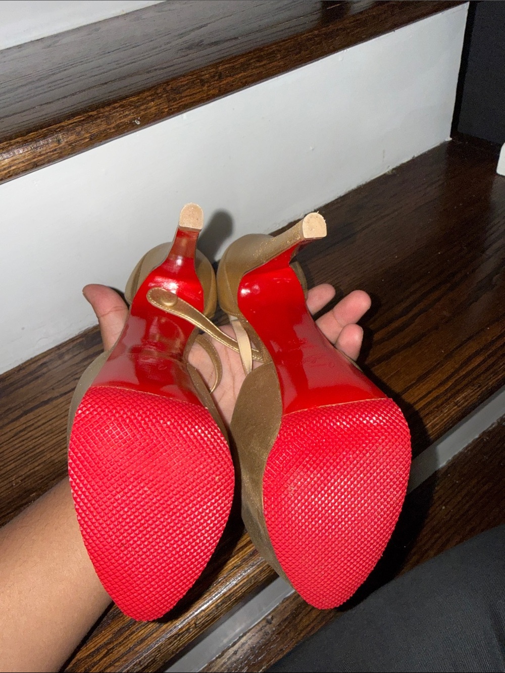 Christian Louboutin Gold Metallic T-Strap Peep-Toe Heels - Picture 3 of 4